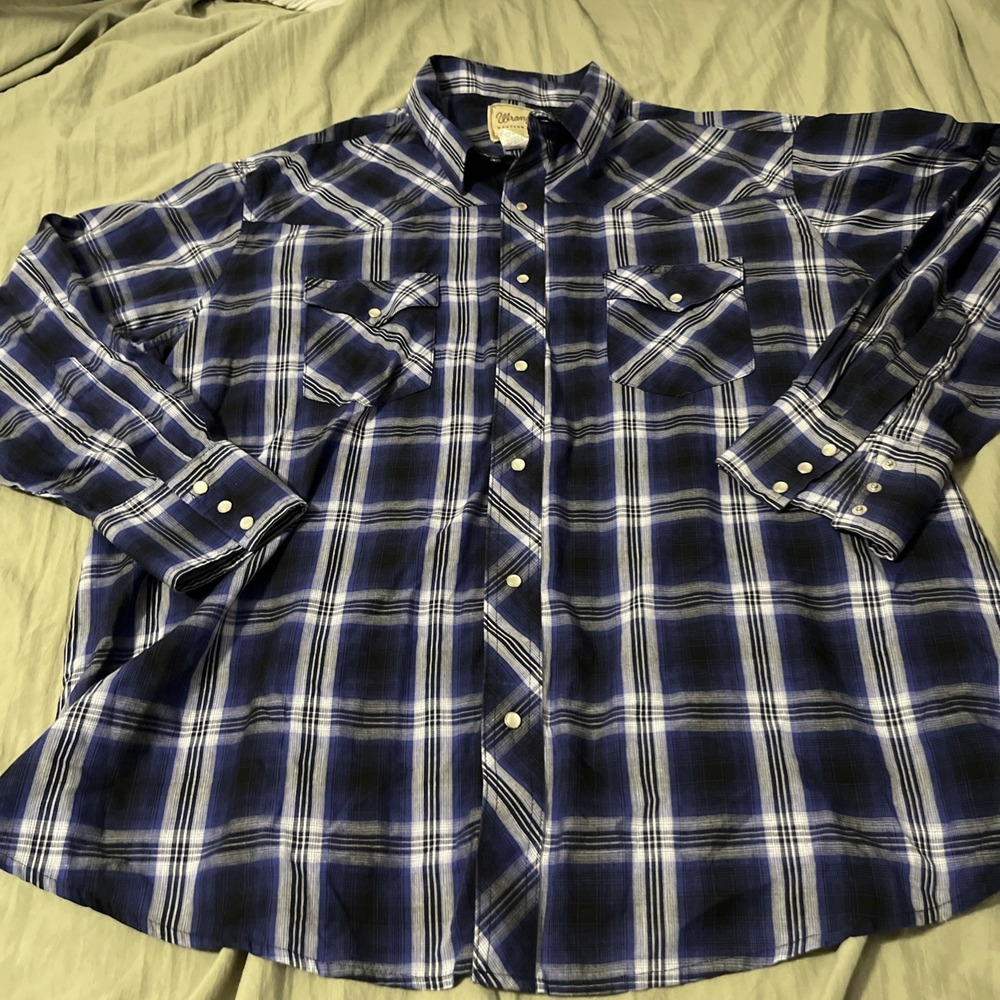 Wrangler Shirt Mens XXL Blue Plaid Short Sleeve Pearl Snap Western Casual
